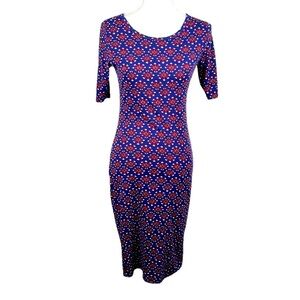 LulaRoe Blue & Red Windmill Print Short Sleeve Midi Dress Size XS